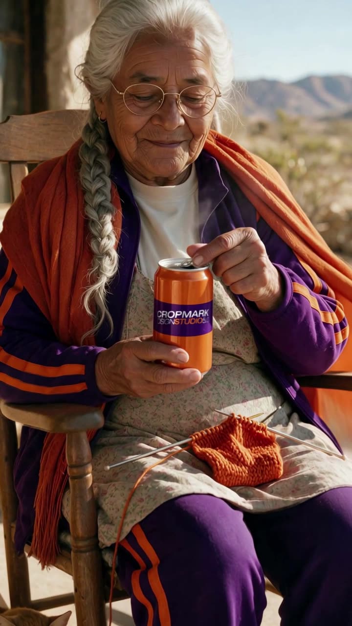 Doña Cuca en su mecedora abriendo una lata de Café CMK Turbo