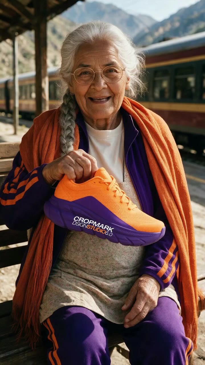 Doña Cuca sonriendo en la estación de tren con un tenis naranja en la mano